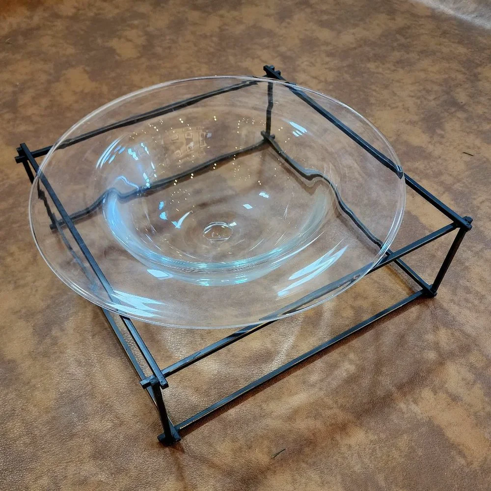 1998 NIB TWIG BOWL Center Piece Serving Handblown Glass Bowl Square Metal Frame